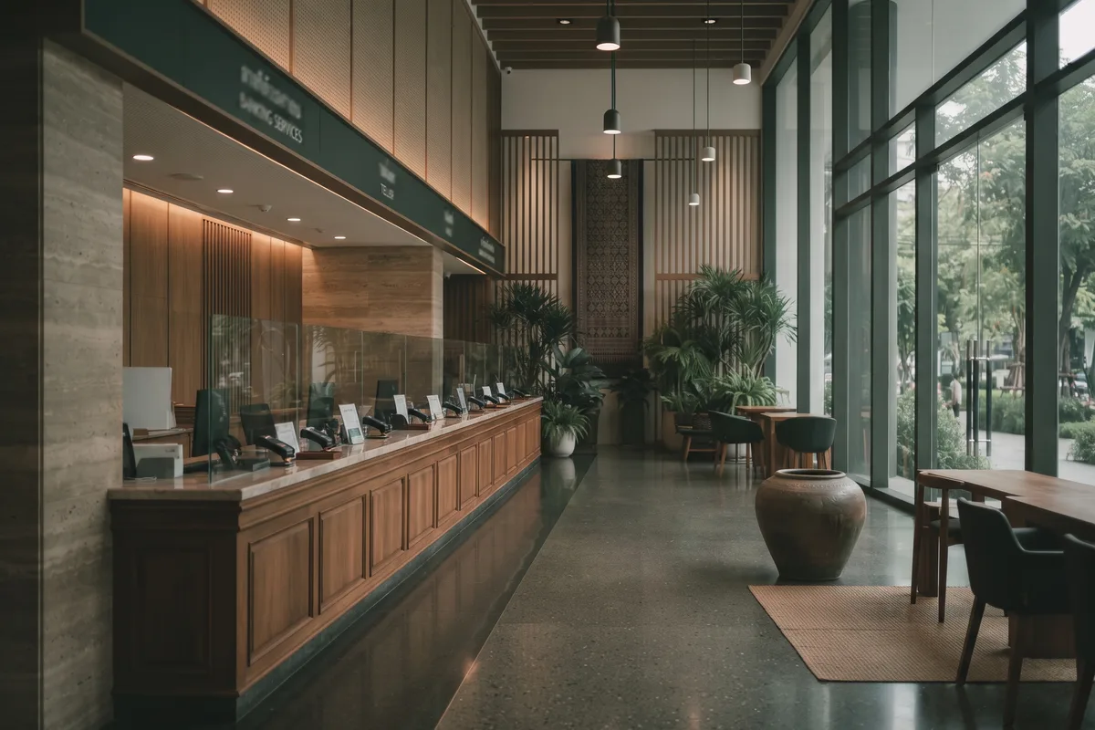 A calm modern Thai bank branch interior, a teller counter with wood and greenery, daylight through tall windows