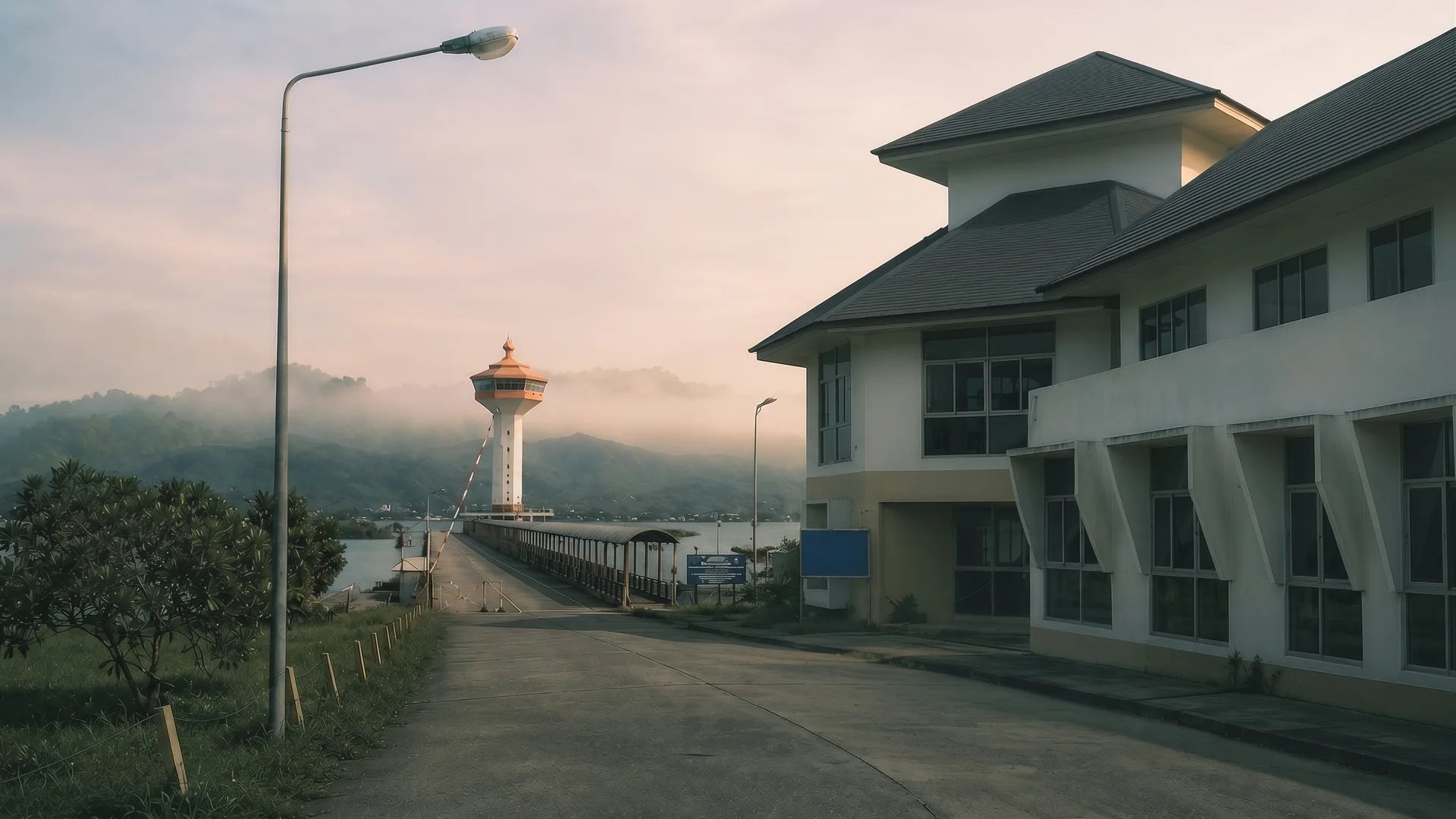The Ranong pier at sunrise, a tower by the waterfront and misty green hills of Myanmar across the strait, muted natural tones