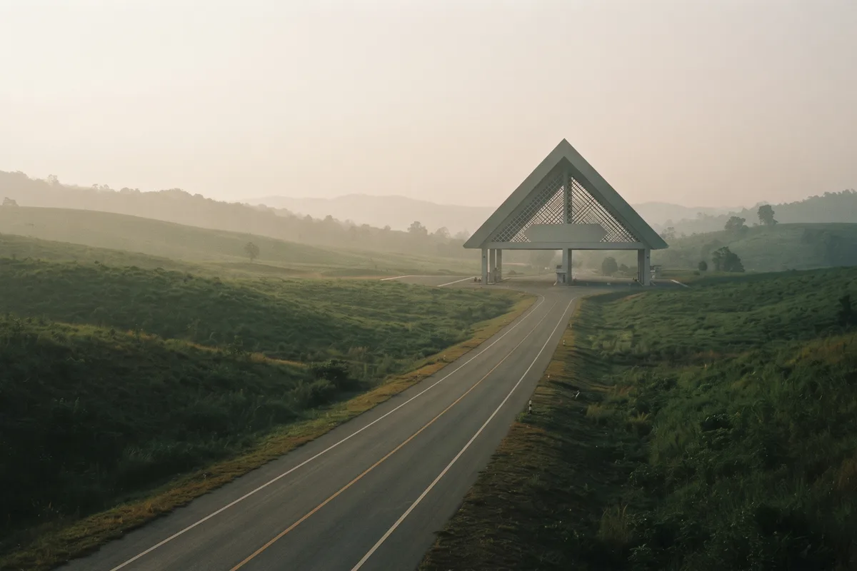 An empty morning road through green hills toward a border checkpoint