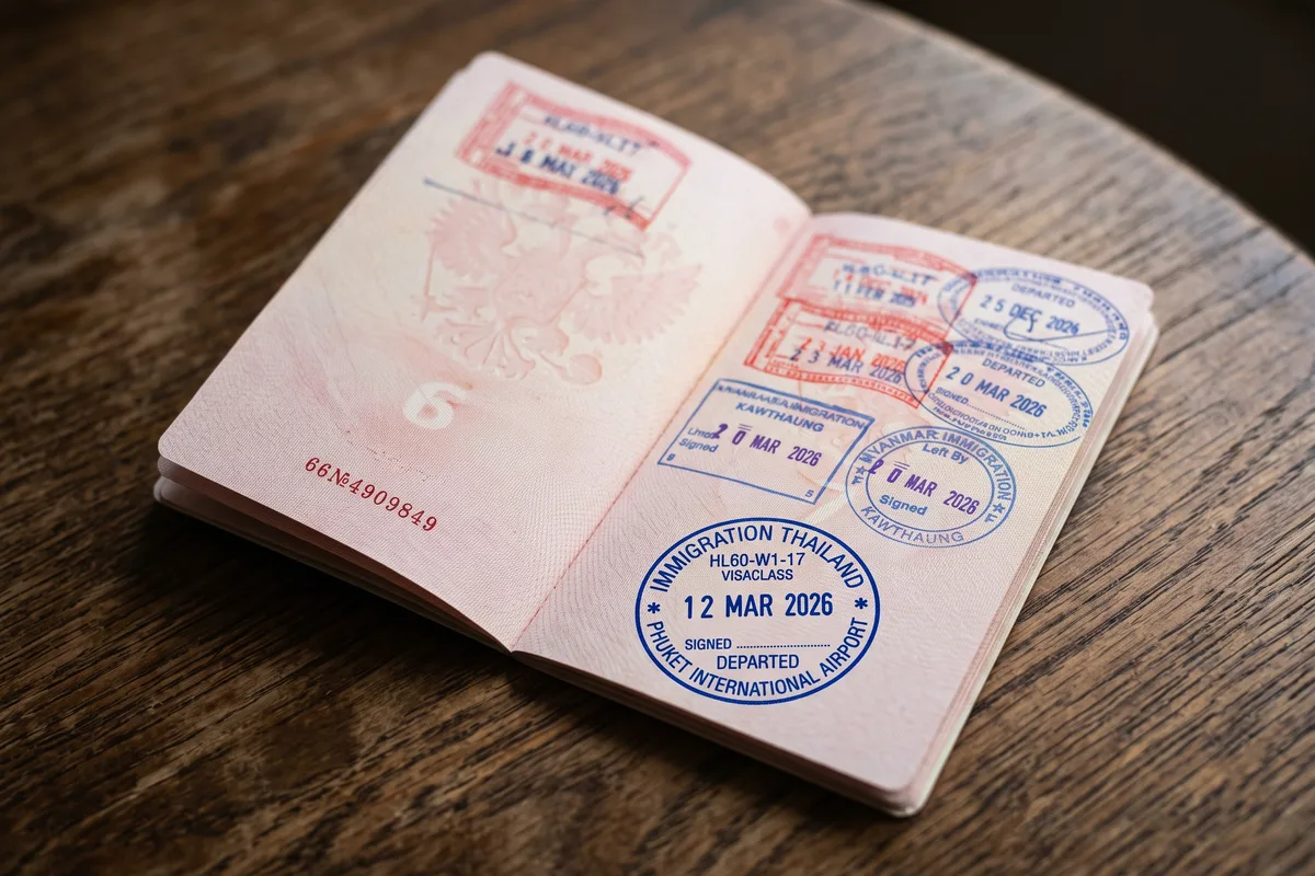 A passport with entry and exit stamps on a dark wooden table