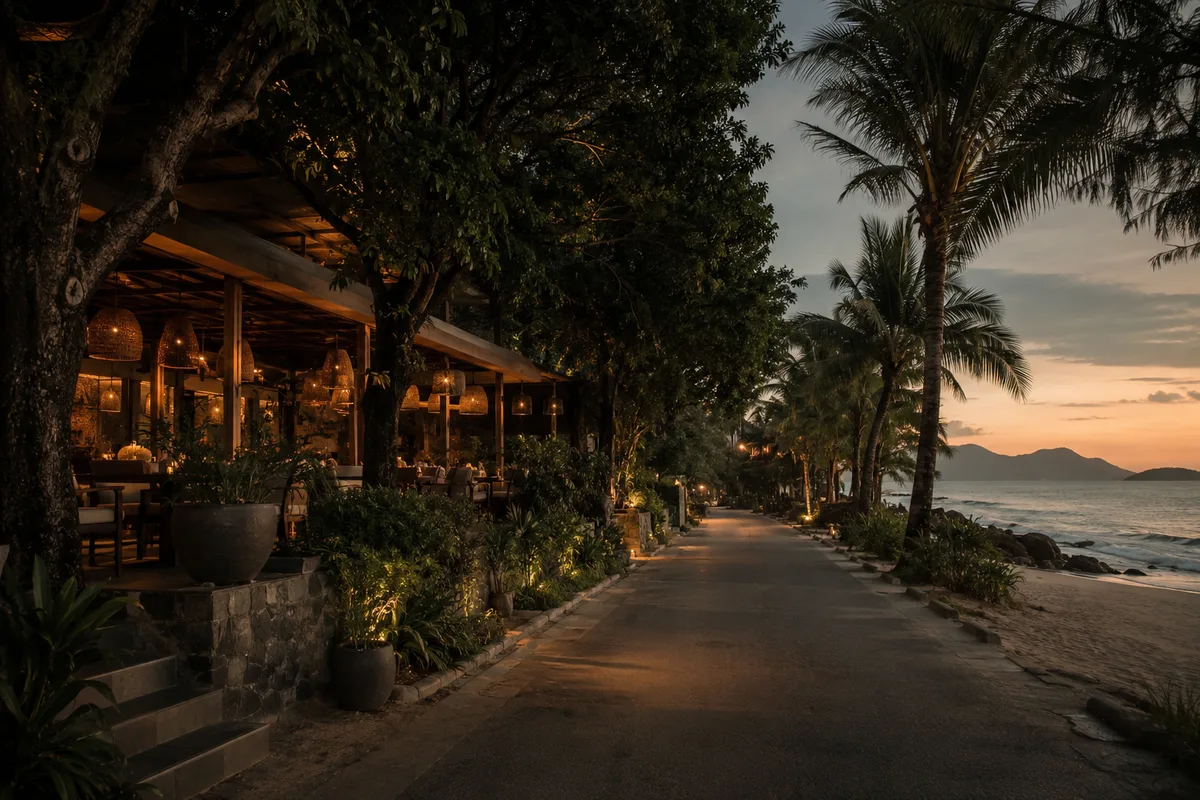 A warm evening on the north Phuket beachfront, restaurant lights glowing among palm trees, a calm lively mood