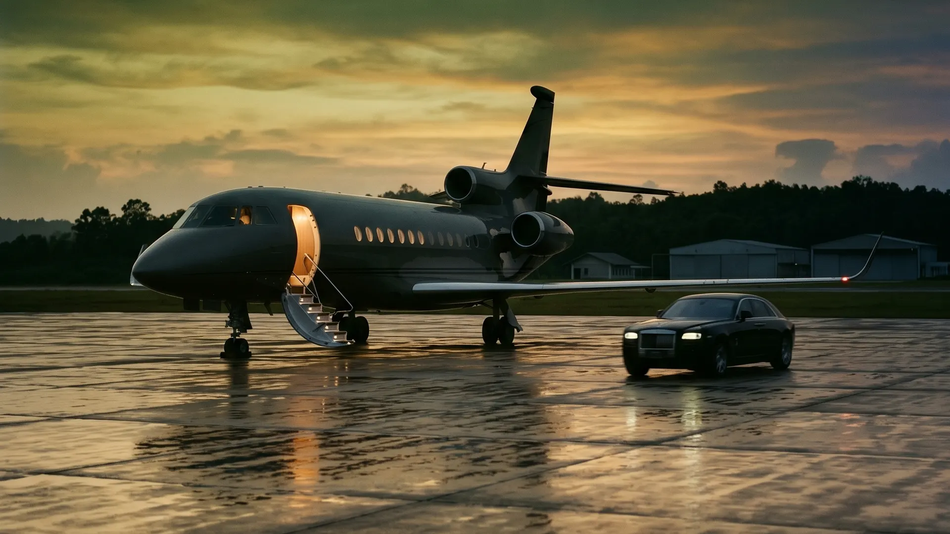 A private jet on the apron at Phuket airport at sunset