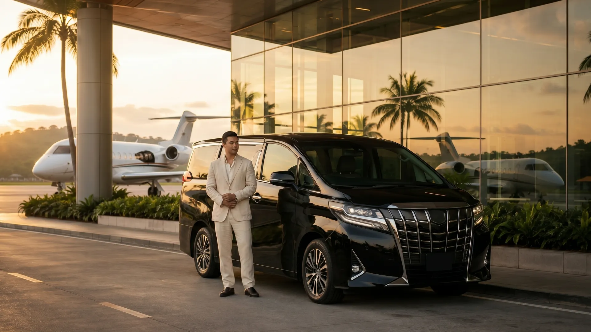Black Toyota Alphard and chauffeur at Phuket airport at golden hour