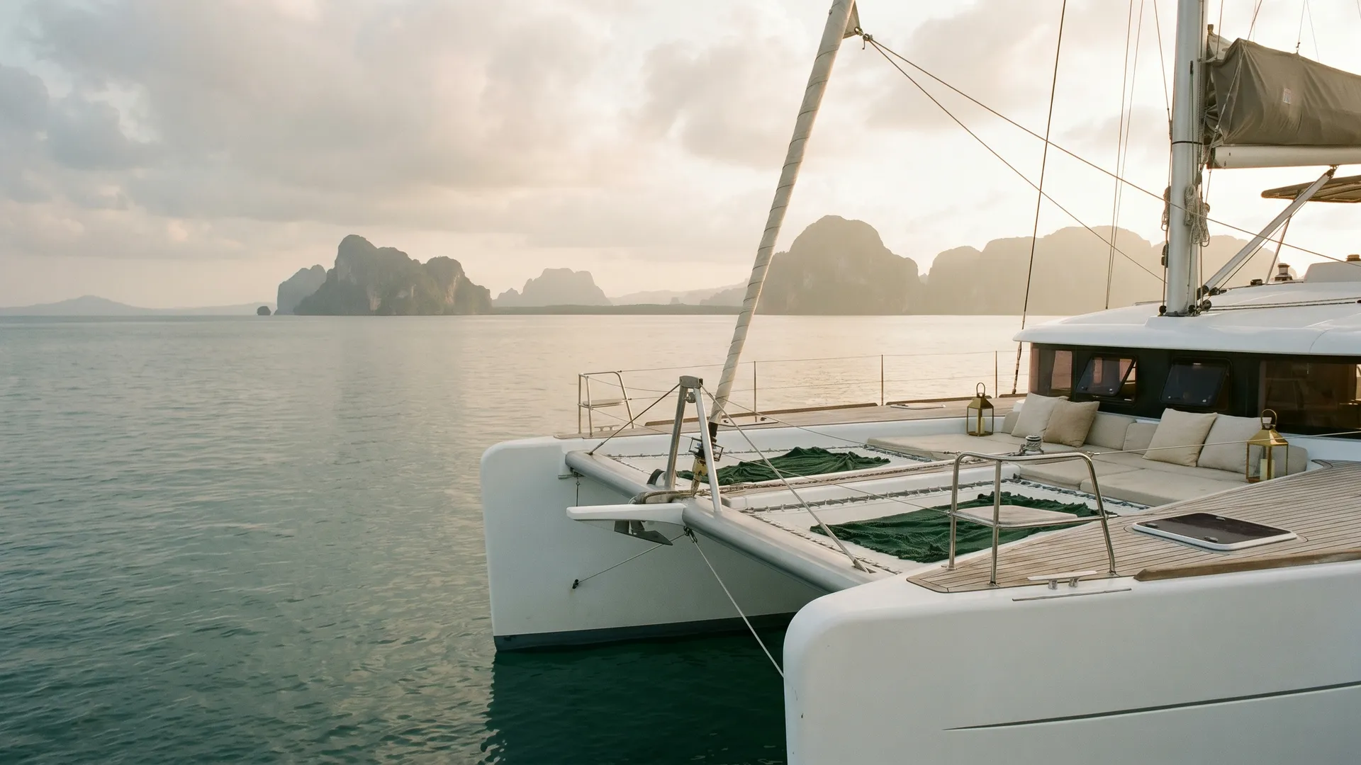 A sailing catamaran at anchor among limestone islands off Phuket at golden hour