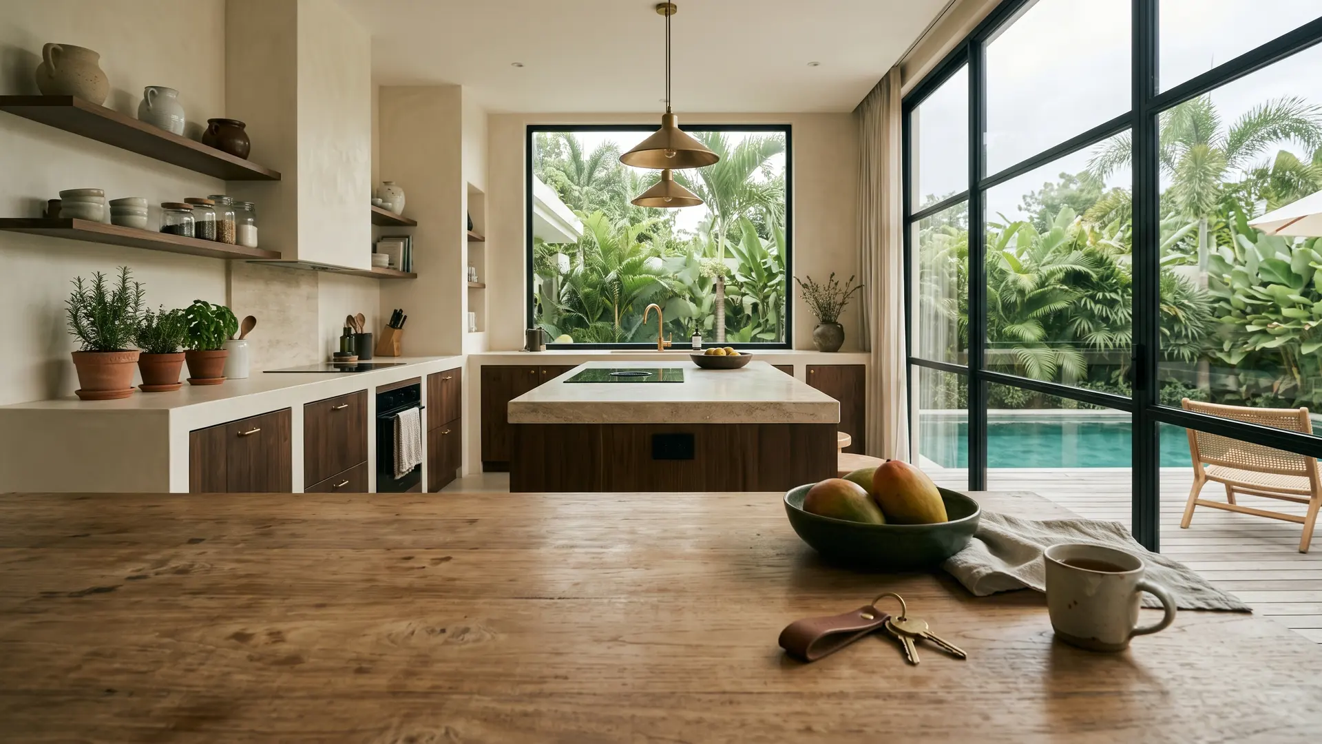 A warm villa kitchen on Phuket opening onto a tropical garden and pool, keys resting on the table