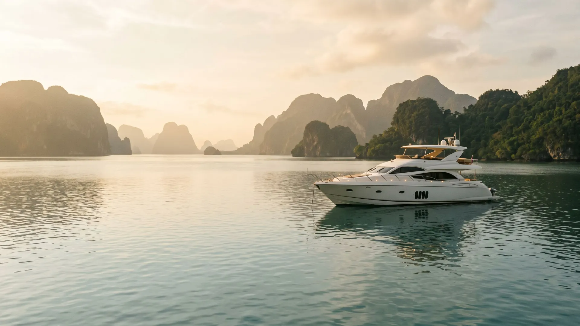 A motor yacht at anchor among the limestone islands off Phuket at golden hour