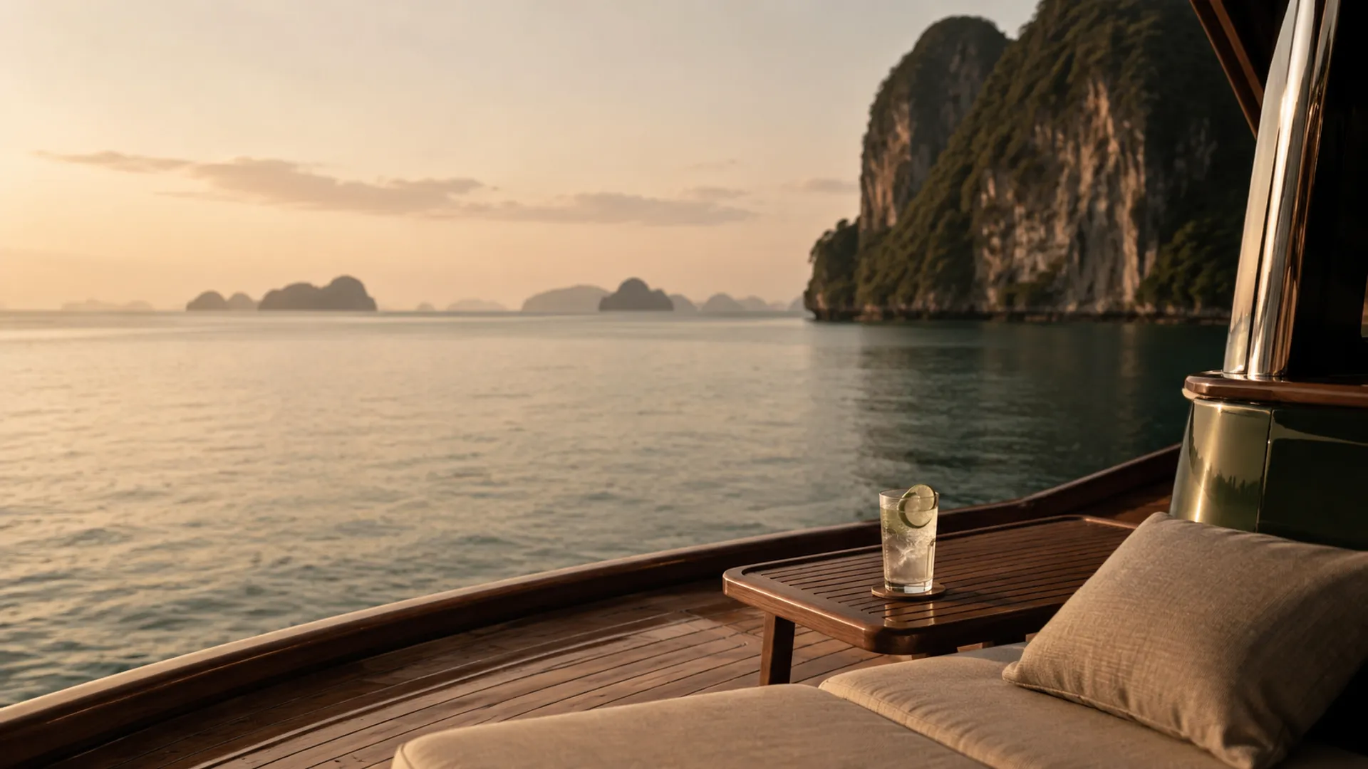 Teak deck of a private boat overlooking the Andaman Sea and limestone islands at golden hour near Phuket