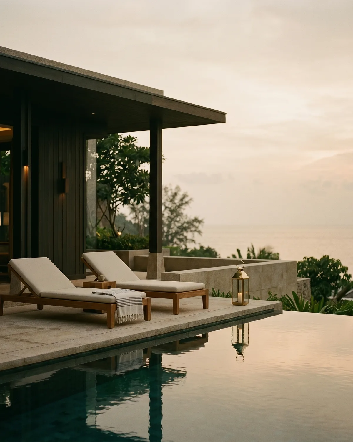 Private Phuket villa with infinity pool and sea view at dusk