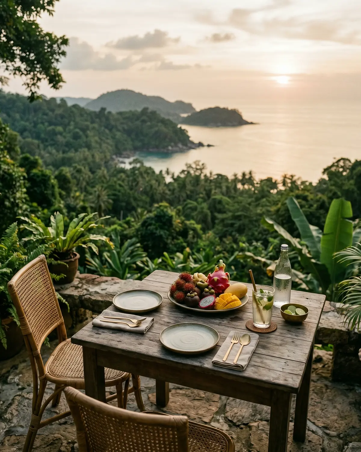 Private table with tropical fruit at a hidden Phuket viewpoint