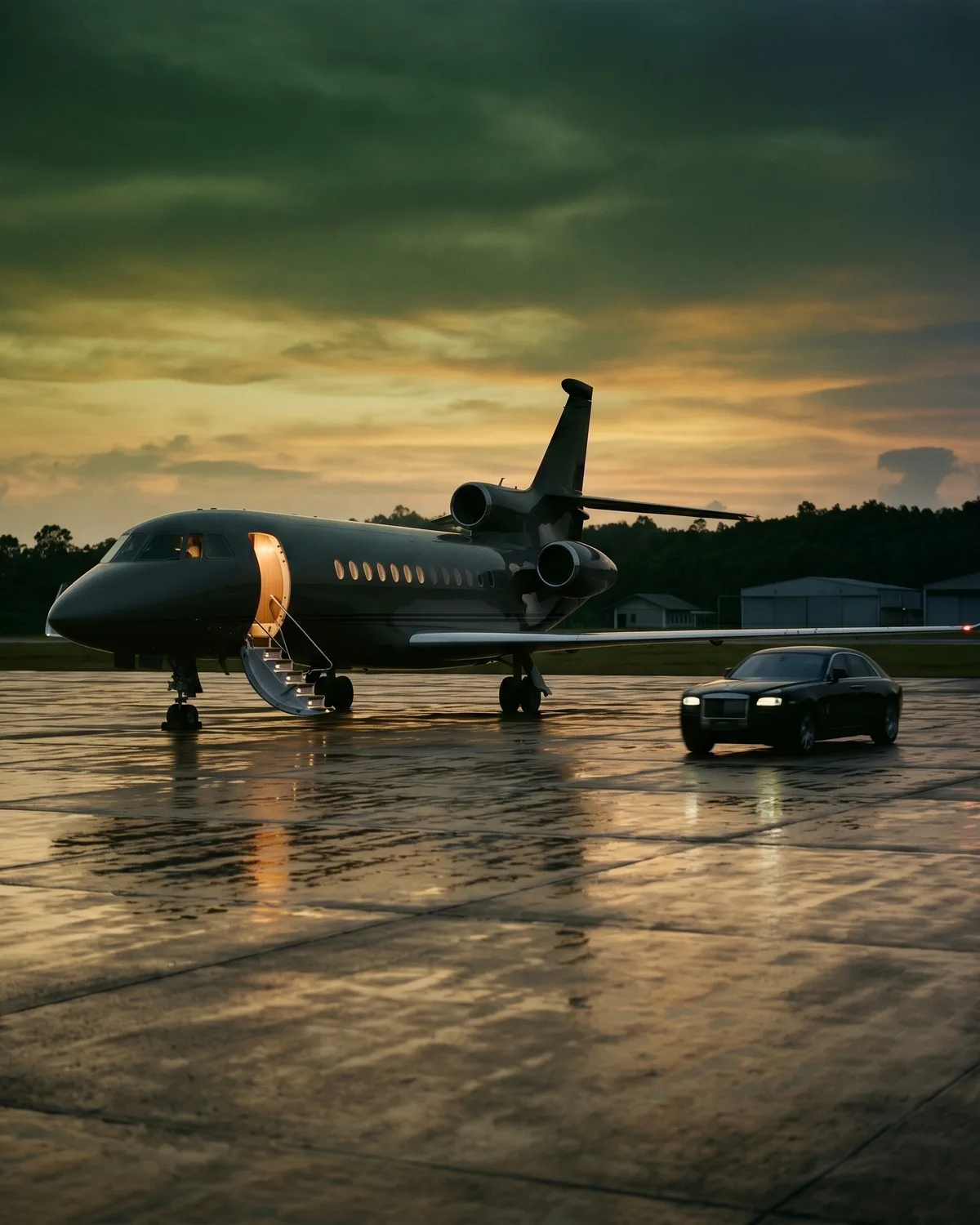 Private jet and car on an empty Phuket tarmac at dusk