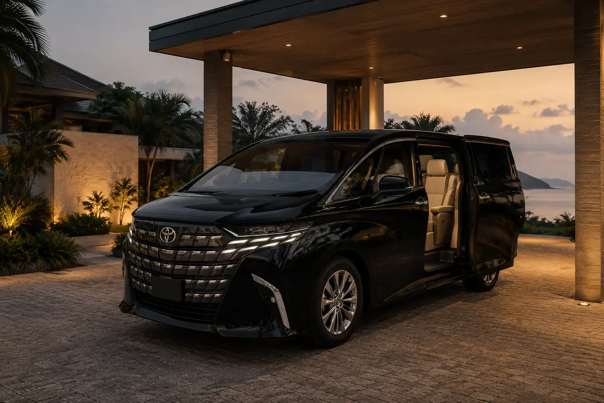 Black Toyota Alphard with open door showing beige captain seats under a villa portico