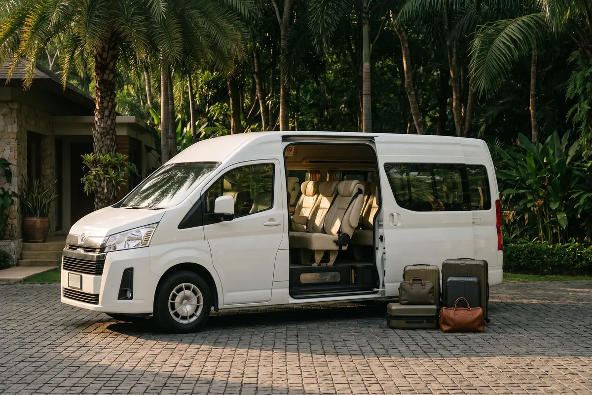 White Toyota Commuter van with open sliding door and luggage at a Phuket villa