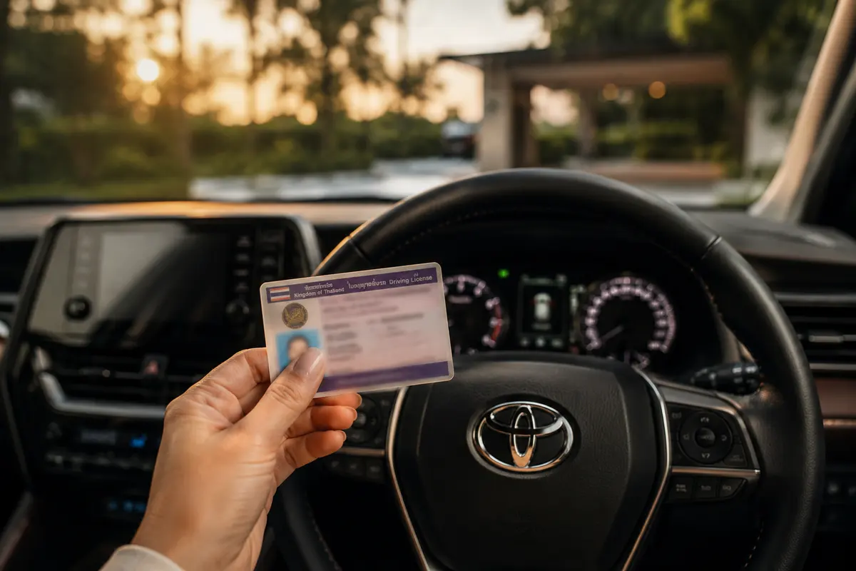 A Thai driving licence held in hand behind the wheel at sunset