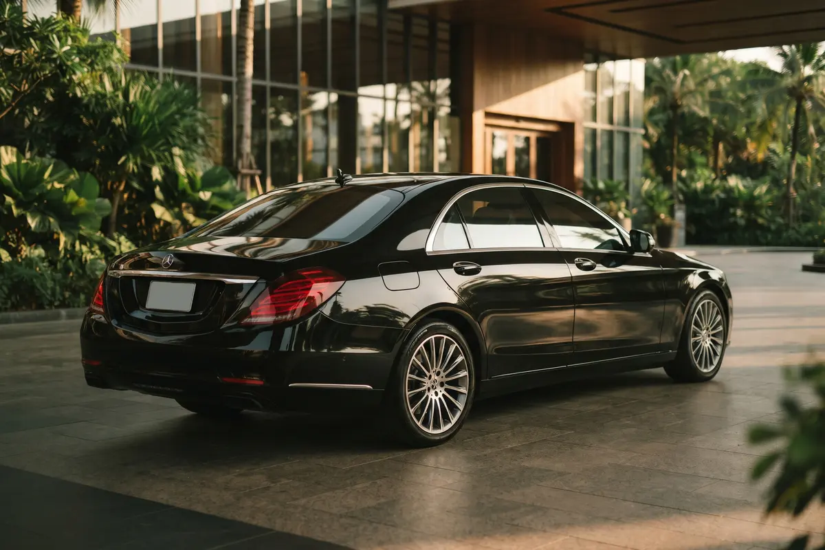 Black Mercedes-Benz S-Class sedan at a resort entrance in Phuket