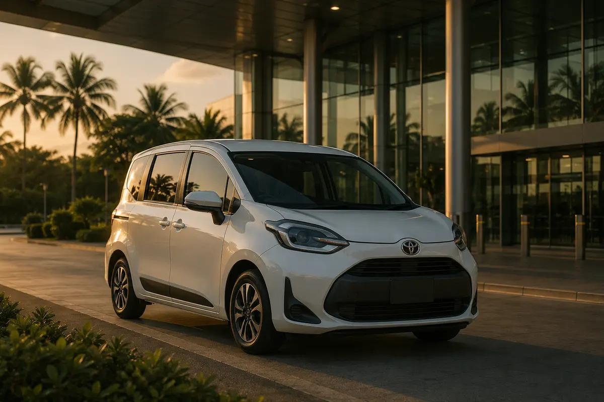 White Toyota Sienta compact family van at golden hour in Phuket