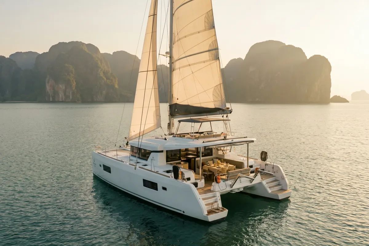 An air-conditioned sailing catamaran with an enclosed saloon