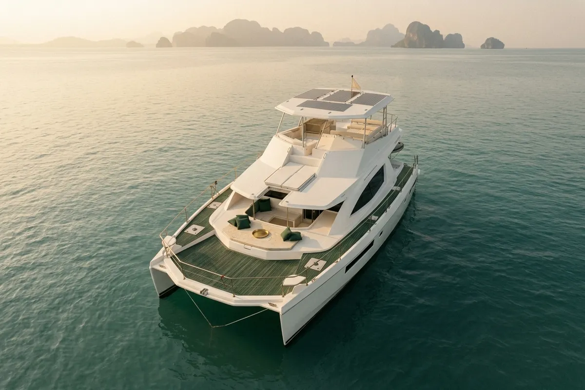 A power catamaran with a flybridge