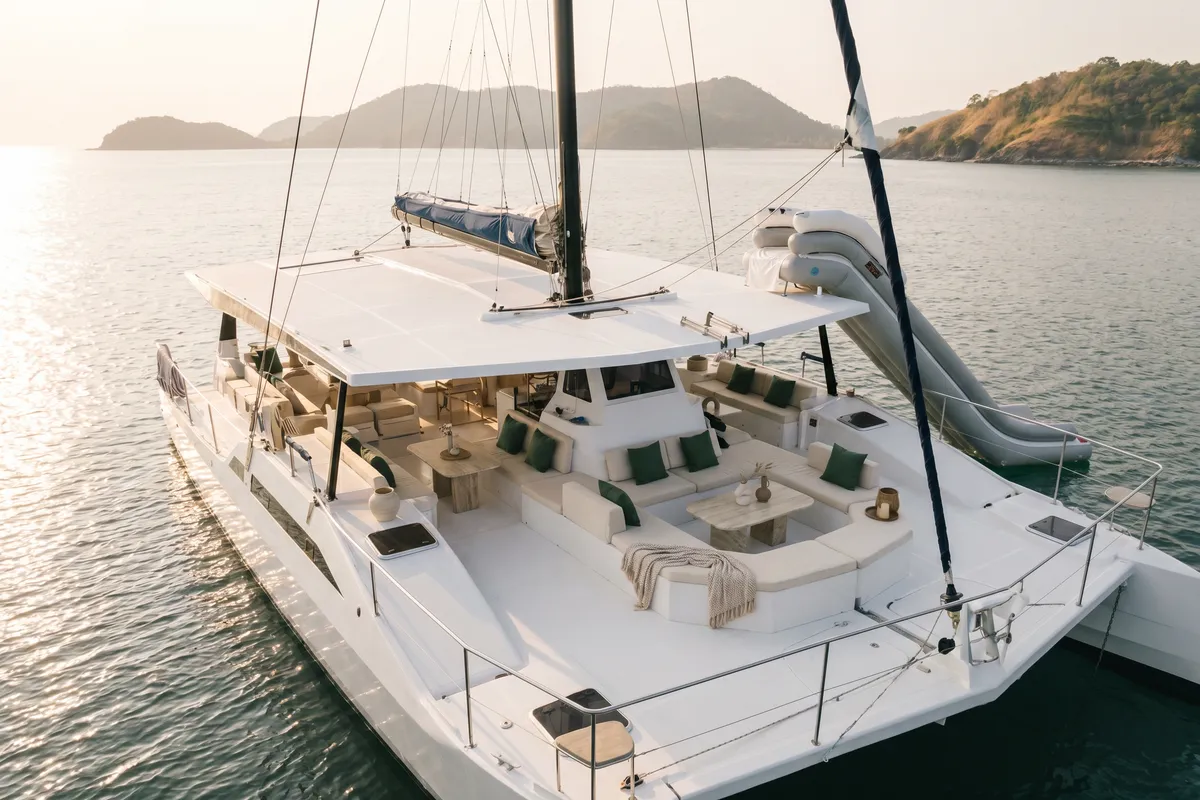 A party catamaran with a spacious lounge deck