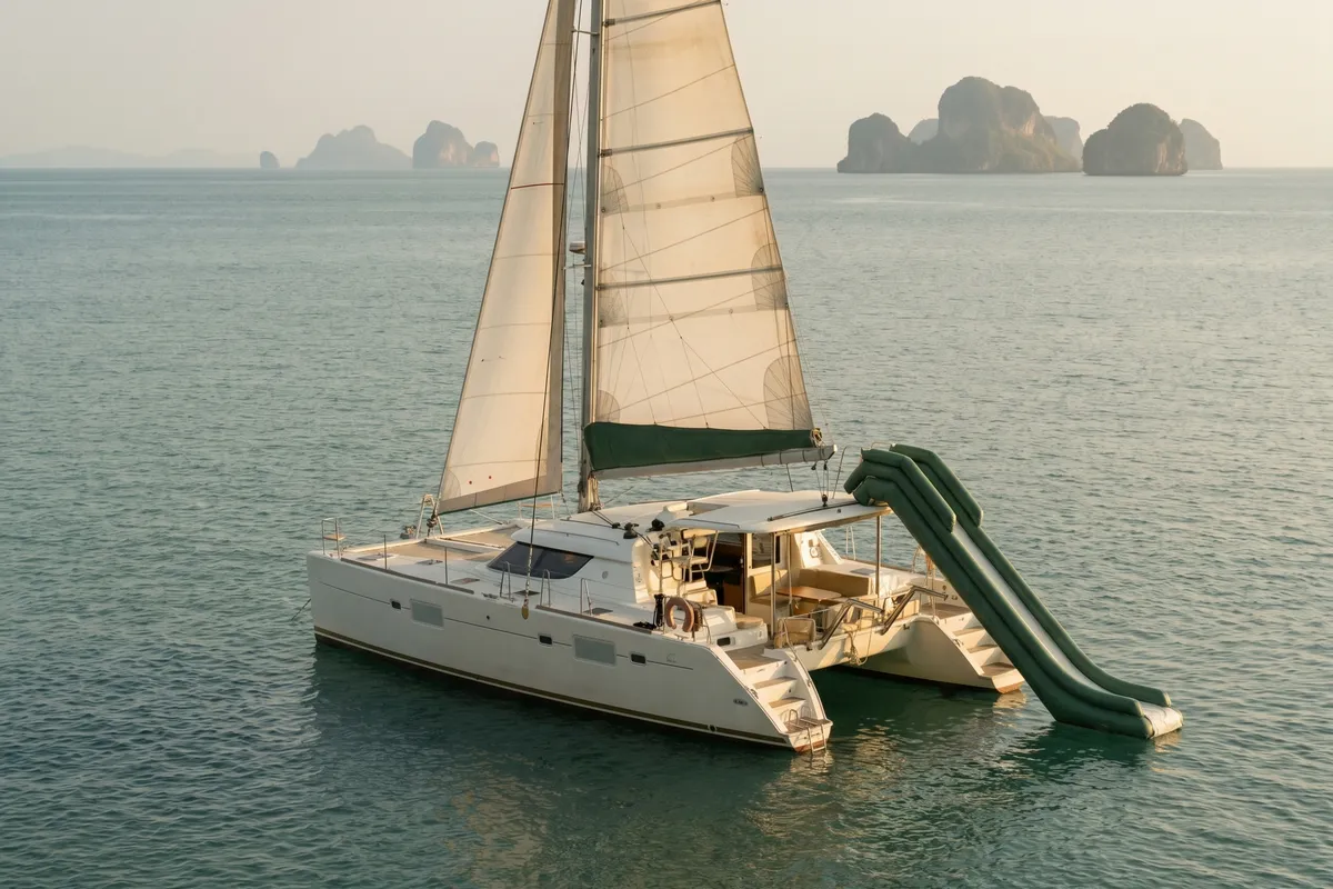 A sailing catamaran under sail near Phuket's islands