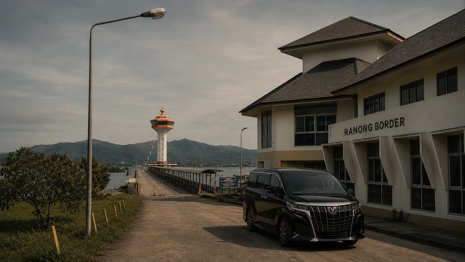 A black Toyota Alphard at the Ranong border checkpoint