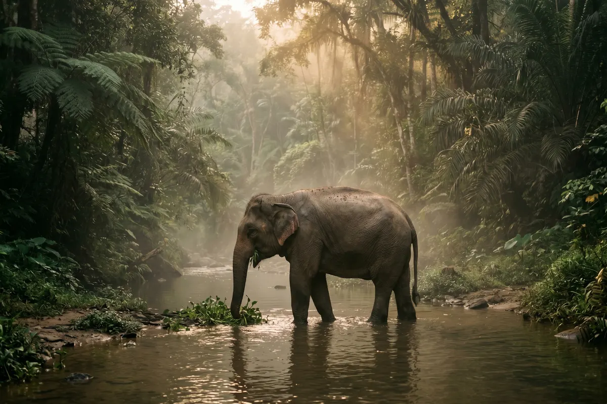 Elephants in a green jungle river in Phuket