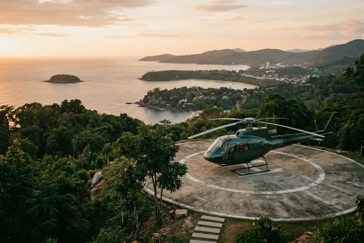A helicopter over Phuket coastline at golden hour