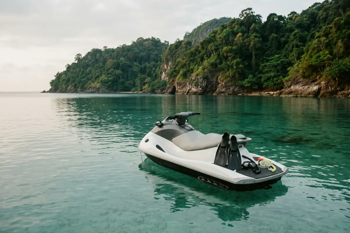 Jet skis and snorkelling in clear water near a Phuket island