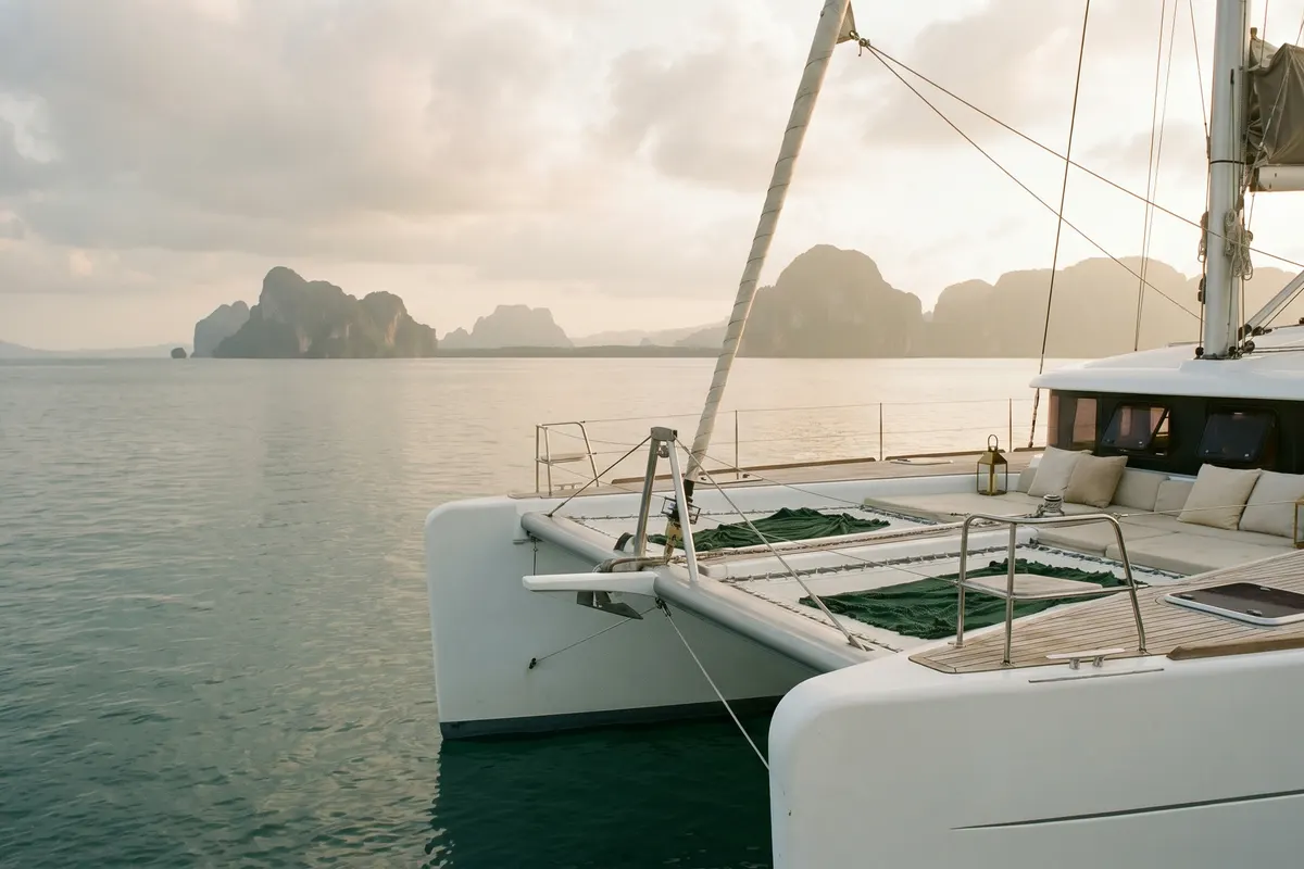 Luxury sailing catamaran with teak deck and lanterns anchored by Phuket's karst islands at sunset