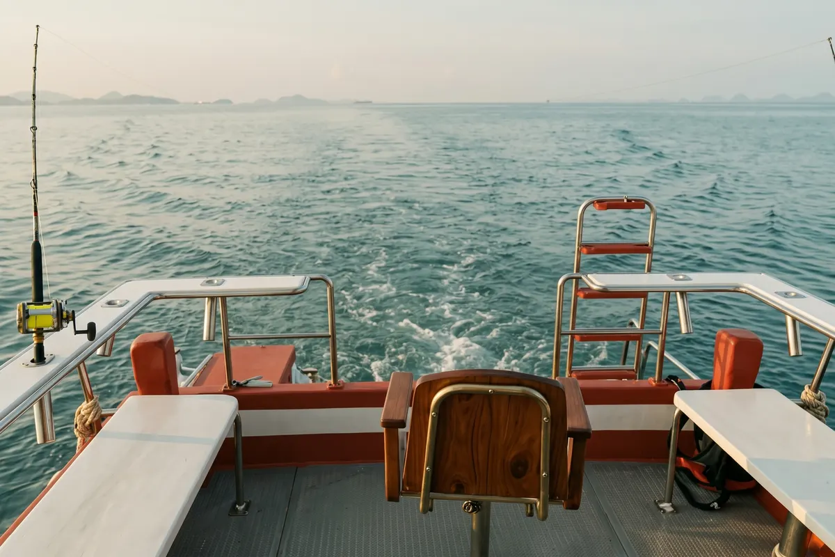 Sport-fishing boat deck with rods and a fighting chair on the Andaman Sea at dusk