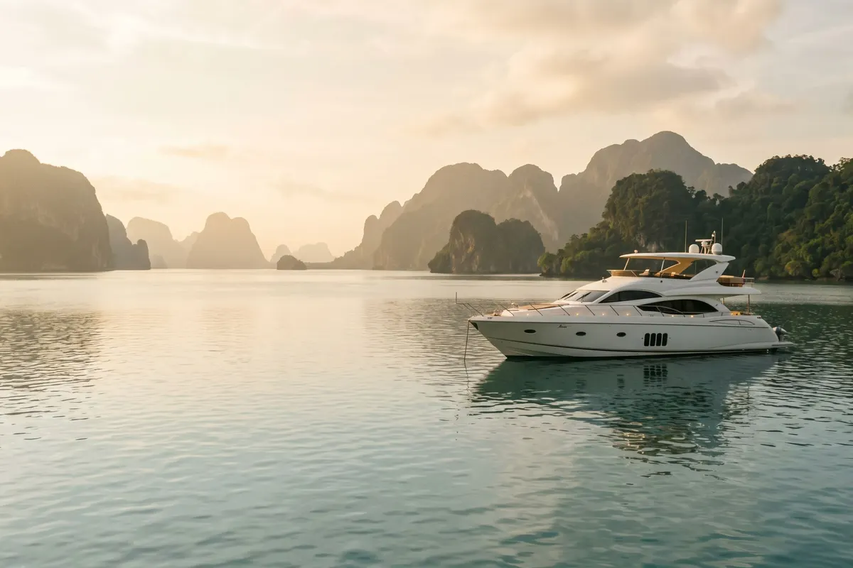 Private white motor yacht anchored in a calm bay among karst cliffs at golden hour near Phuket