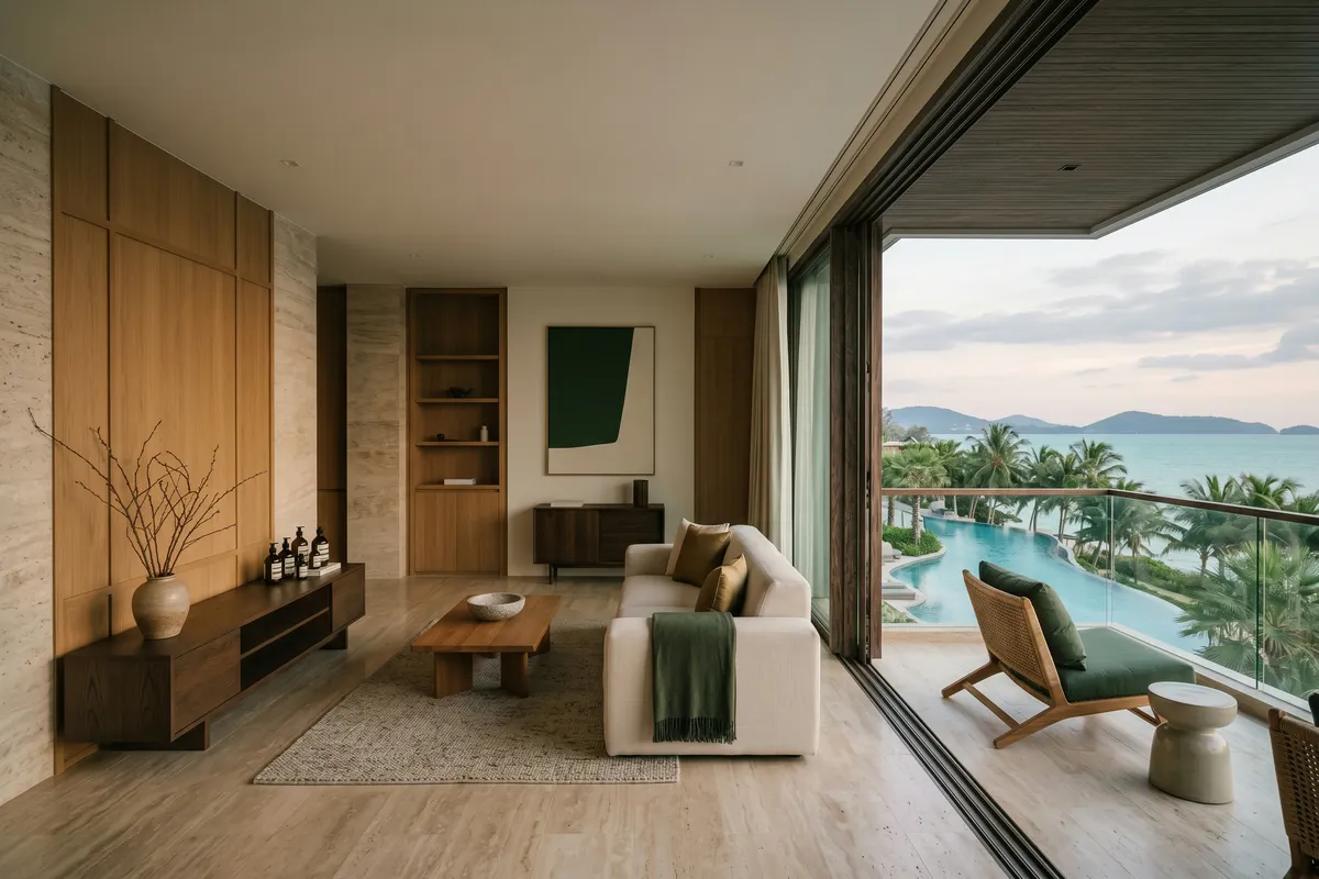 A modern minimalist apartment opening onto a sea-view balcony in Phuket