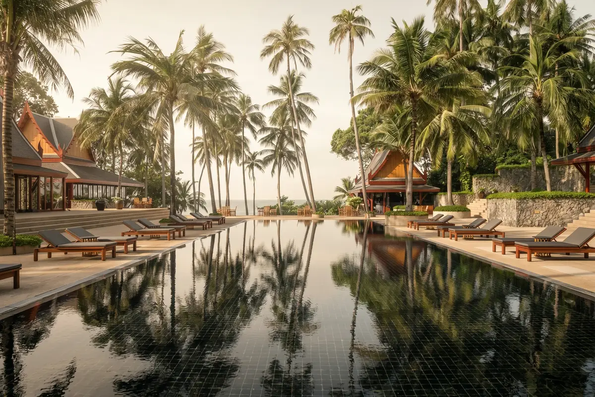 A refined resort pool and pavilions among palms at golden hour in Phuket