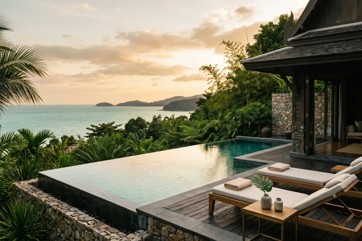 An infinity-pool villa in teak and stone above the sea in Phuket