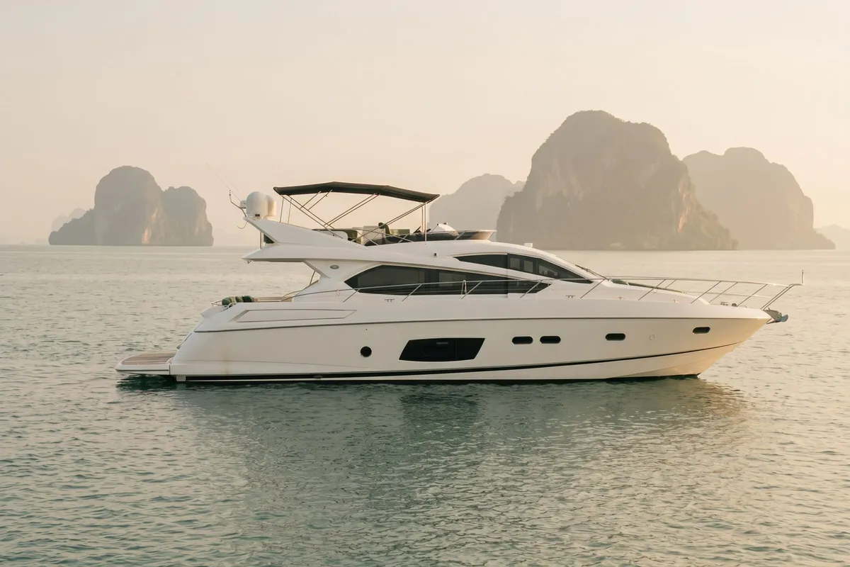 A white flybridge motor yacht on calm water near Phuket