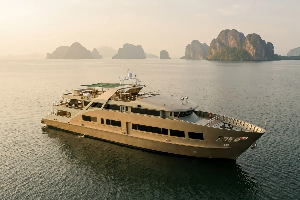 A motor superyacht among the limestone islands off Phuket